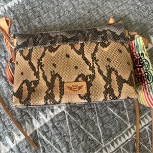 Consuela Tan and Black Crossbody Bag with Snakeskin Texture